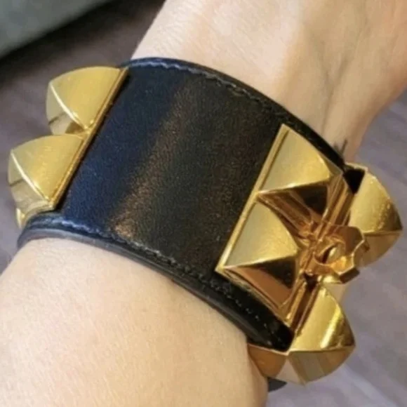 Hermés Collier de Chien Yellow Gold Plated Studded Leather Adjustable Bracelet - Picture 10 of 15